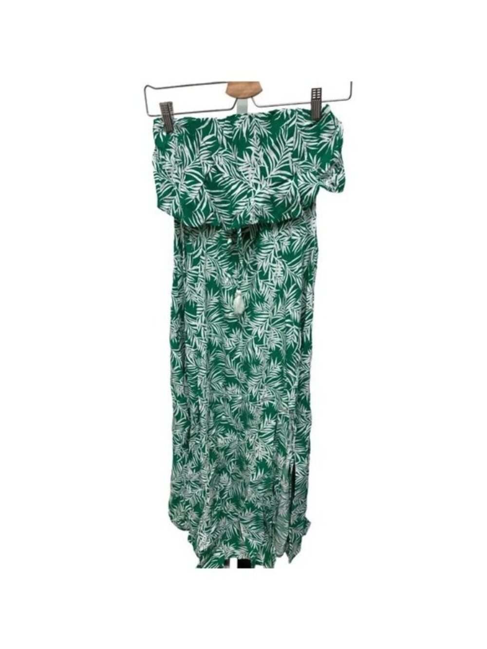 Japna Tropical Green & White Leaf Print Strapless Maxi Dress
